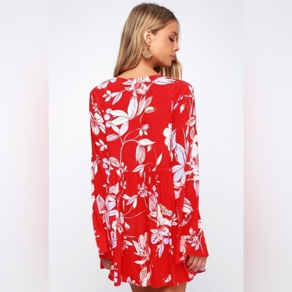 Free People Bella Red Floral Print Tunic Mini Dress Sz.  XS - Picture 5 of 15